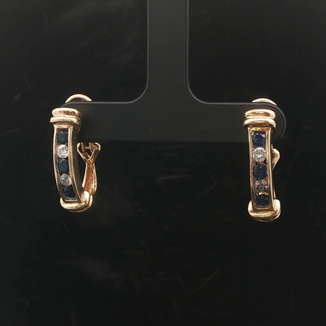 14k Yellow Gold Blue Sapphire and Diamond Vintage Hoop Earrings