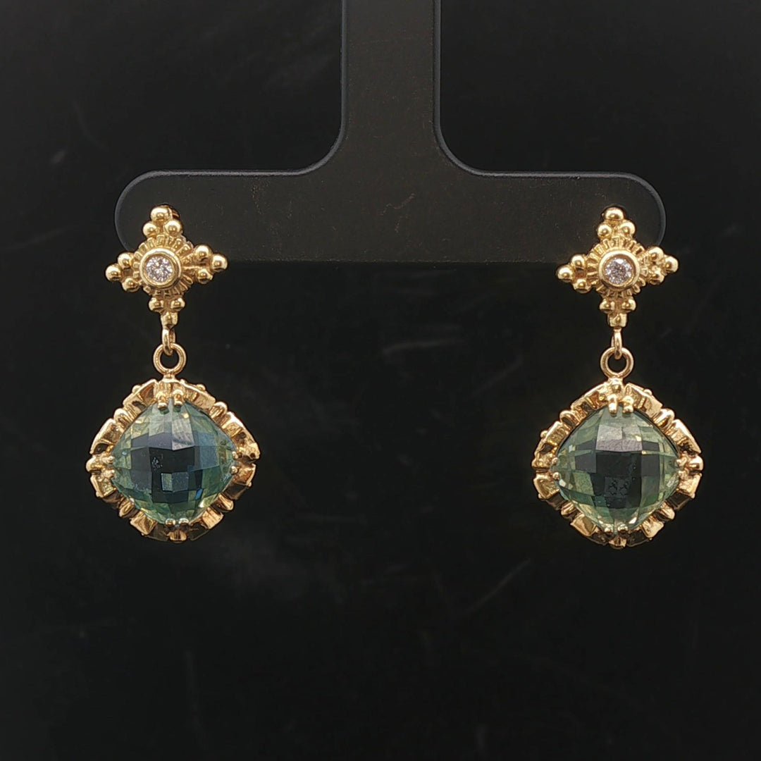 18k Yellow Gold Topaz and Diamond Vintage Drop Dangle Earrings 1.1"