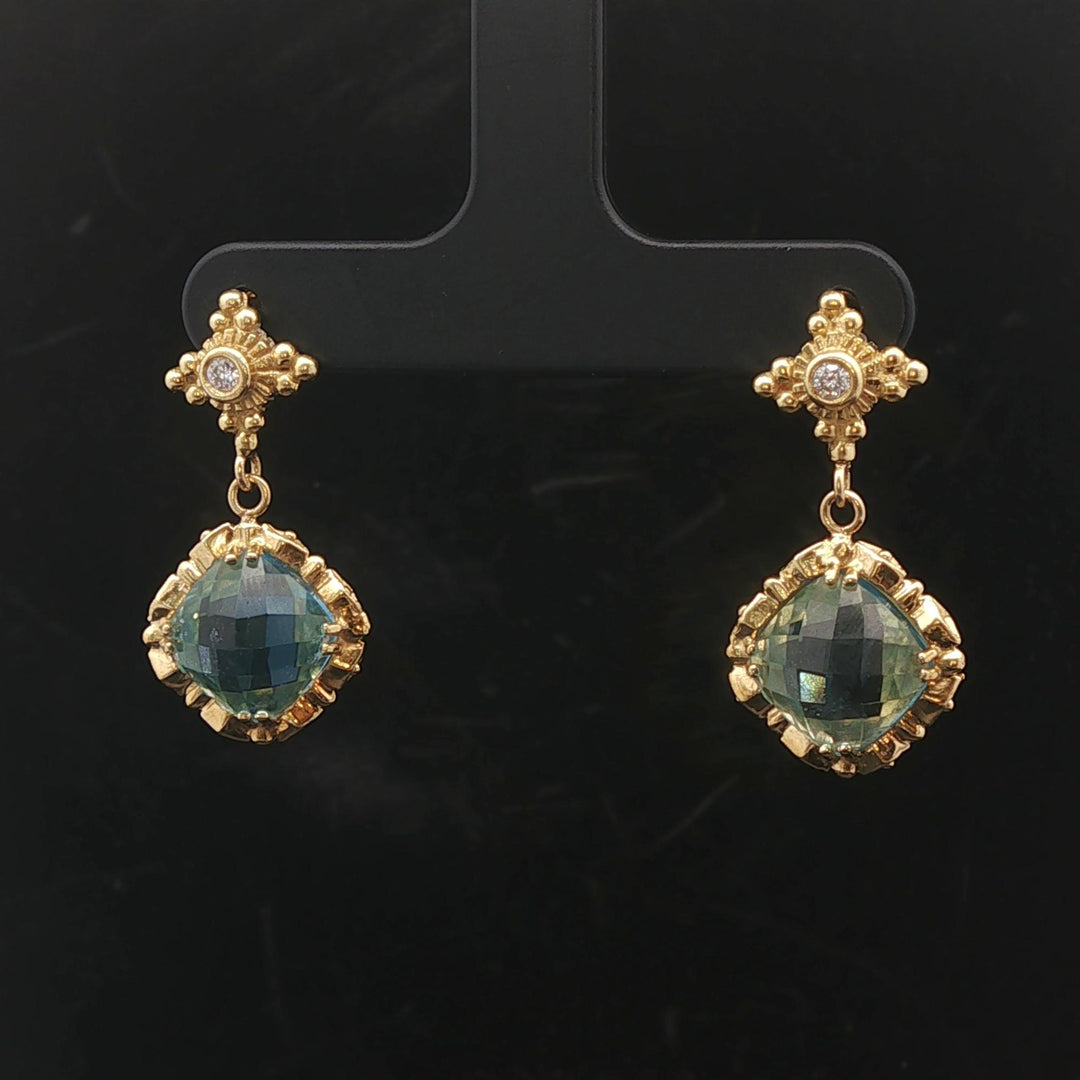 18k Yellow Gold Topaz and Diamond Vintage Drop Dangle Earrings 1.1"