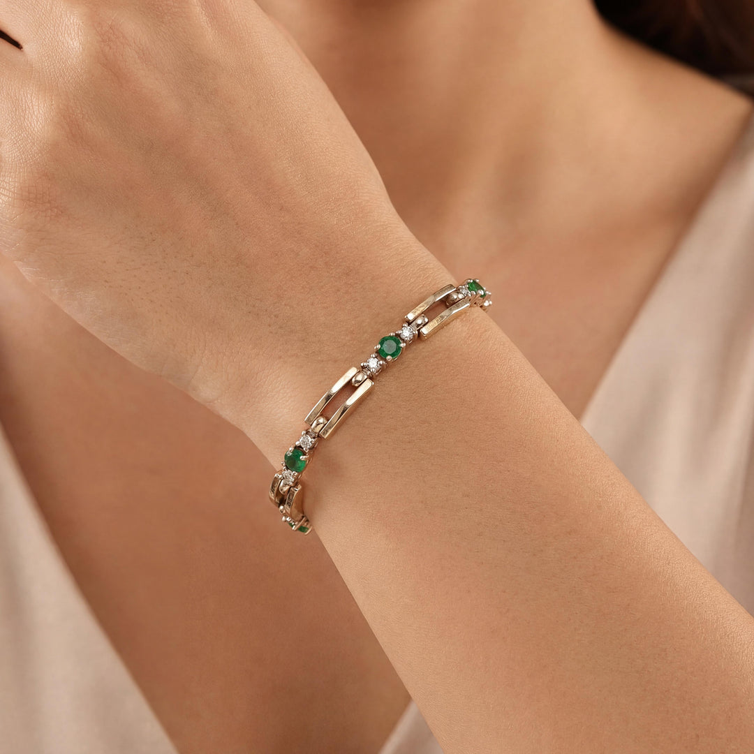 14k Yellow Gold Emerald and Diamond 17.3g Fancy Bar Link Bracelet 6.75"