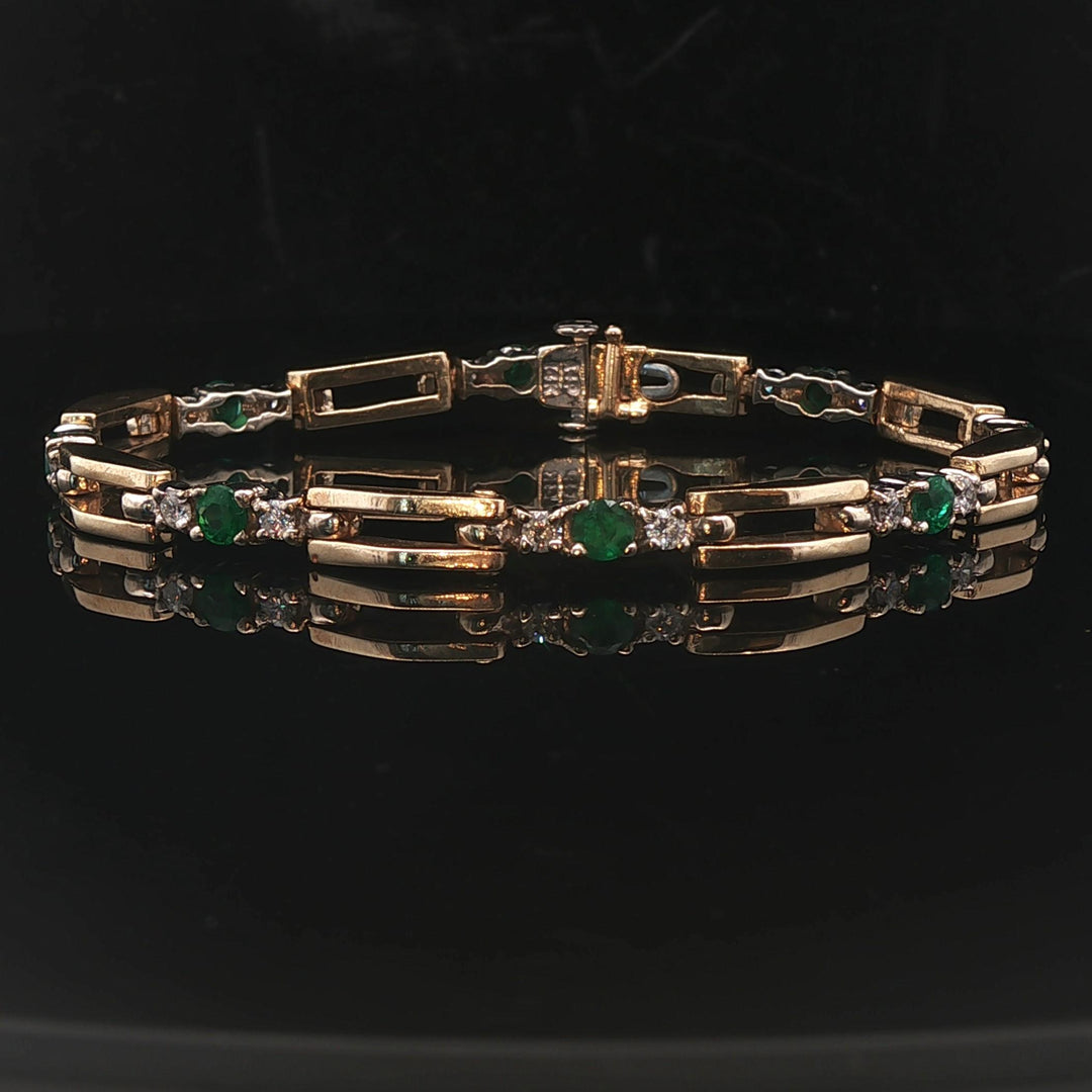 14k Yellow Gold Emerald and Diamond 17.3g Fancy Bar Link Bracelet 6.75"