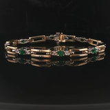 14k Yellow Gold Emerald and Diamond 17.3g Fancy Bar Link Bracelet 6.75"