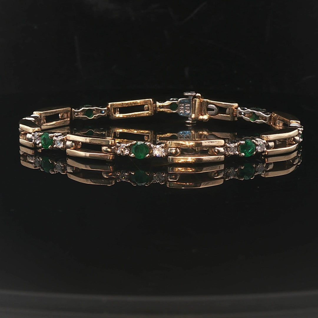 14k Yellow Gold Emerald and Diamond 17.3g Fancy Bar Link Bracelet 6.75"
