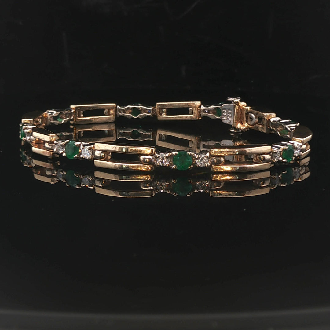 14k Yellow Gold Emerald and Diamond 17.3g Fancy Bar Link Bracelet 6.75"