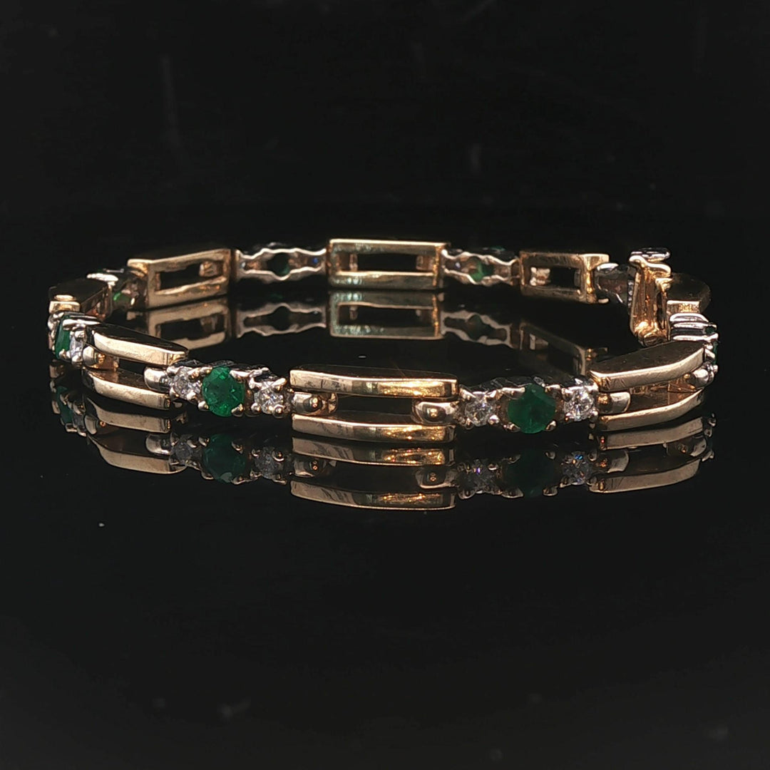 14k Yellow Gold Emerald and Diamond 17.3g Fancy Bar Link Bracelet 6.75"