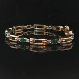 14k Yellow Gold Emerald and Diamond 17.3g Fancy Bar Link Bracelet 6.75"