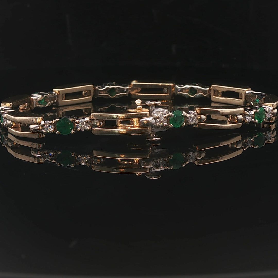 14k Yellow Gold Emerald and Diamond 17.3g Fancy Bar Link Bracelet 6.75"