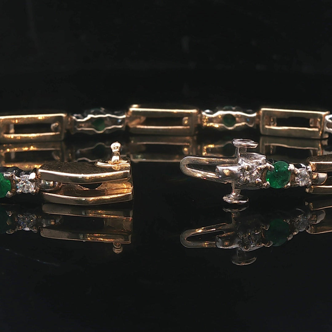 14k Yellow Gold Emerald and Diamond 17.3g Fancy Bar Link Bracelet 6.75"