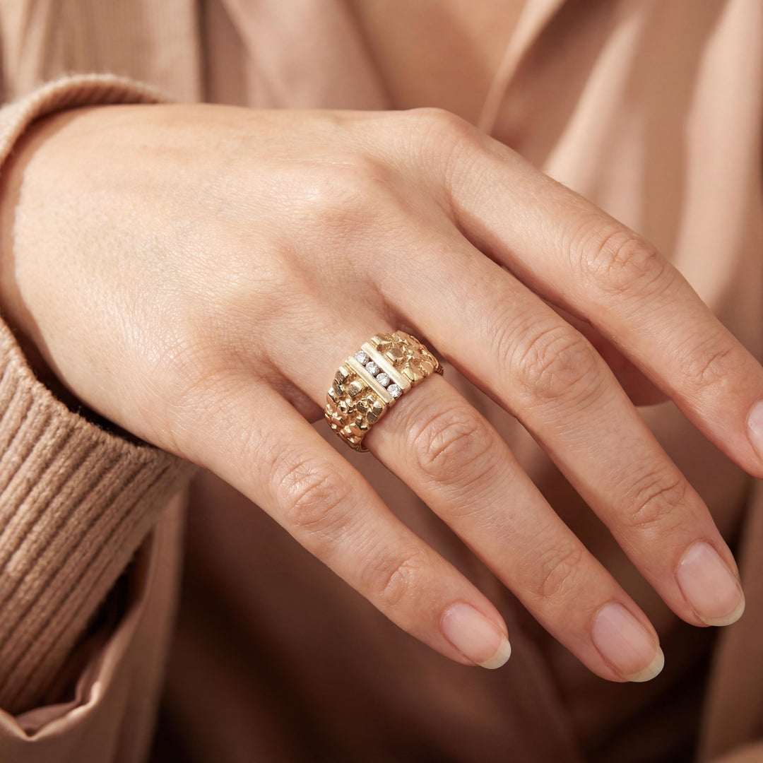 14k Yellow Gold and Diamond 9.2g Men's Solid Nugget Ring Size 9