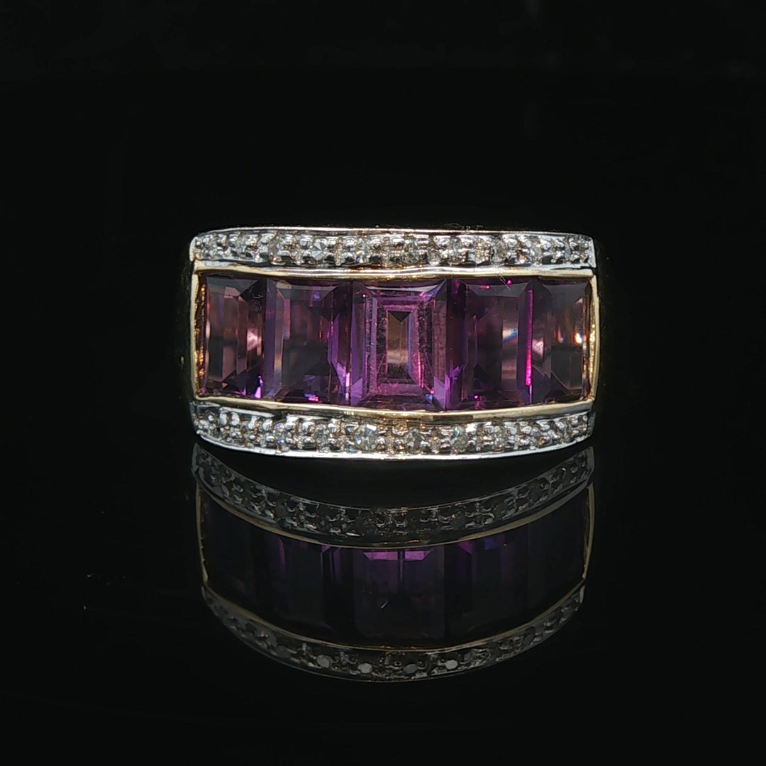 14k Yellow Gold Amethyst and Diamond Ladies Band Ring Size 6