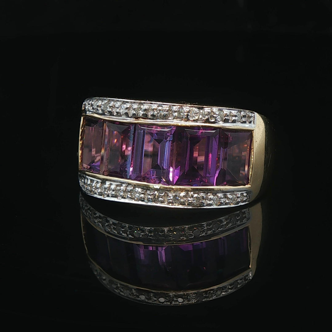 14k Yellow Gold Amethyst and Diamond Ladies Band Ring Size 6