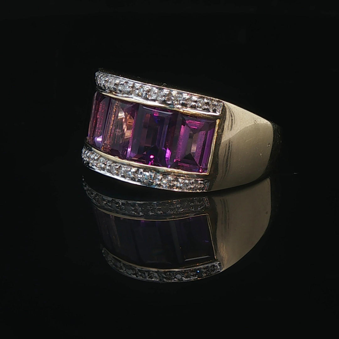 14k Yellow Gold Amethyst and Diamond Ladies Band Ring Size 6