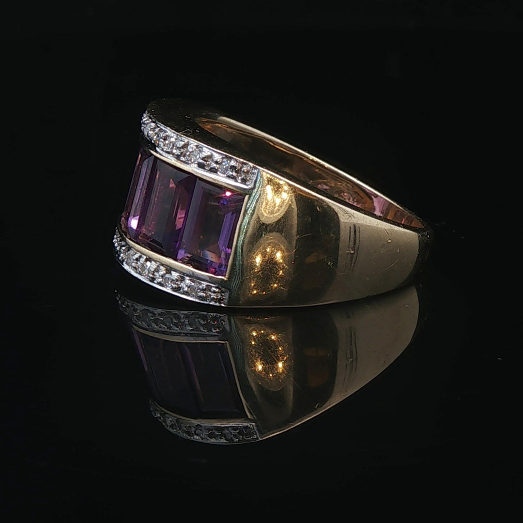 14k Yellow Gold Amethyst and Diamond Ladies Band Ring Size 6