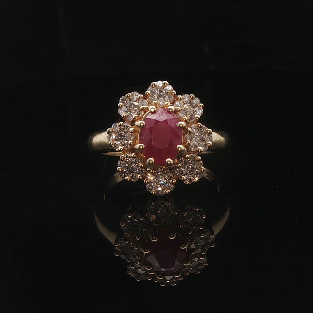 Effy 14k Yellow Gold Ruby and Diamond Halo Floral Ring Size 7.5