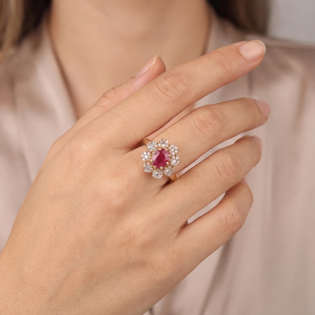 Effy 14k Yellow Gold Ruby and Diamond Halo Floral Ring Size 7.5