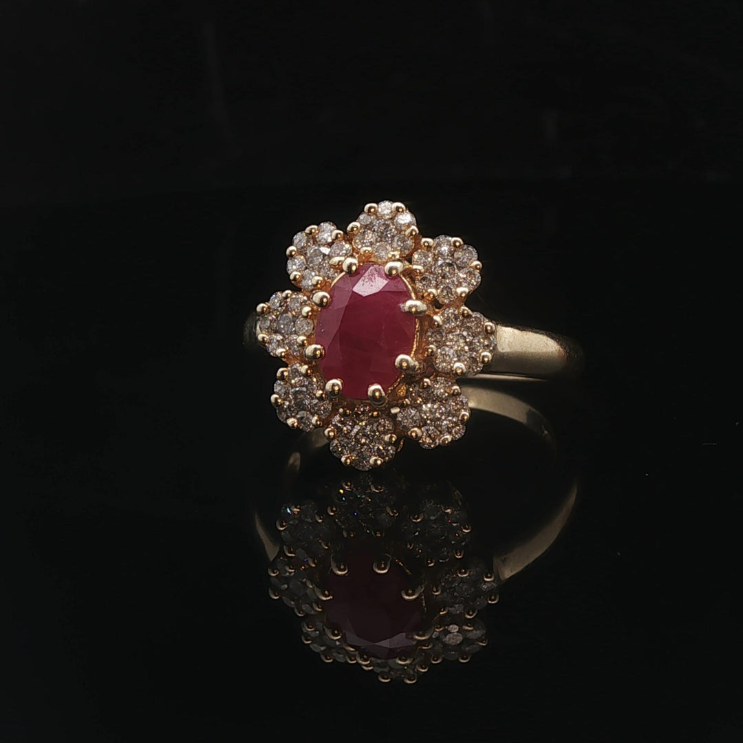 Effy 14k Yellow Gold Ruby and Diamond Halo Floral Ring Size 7.5