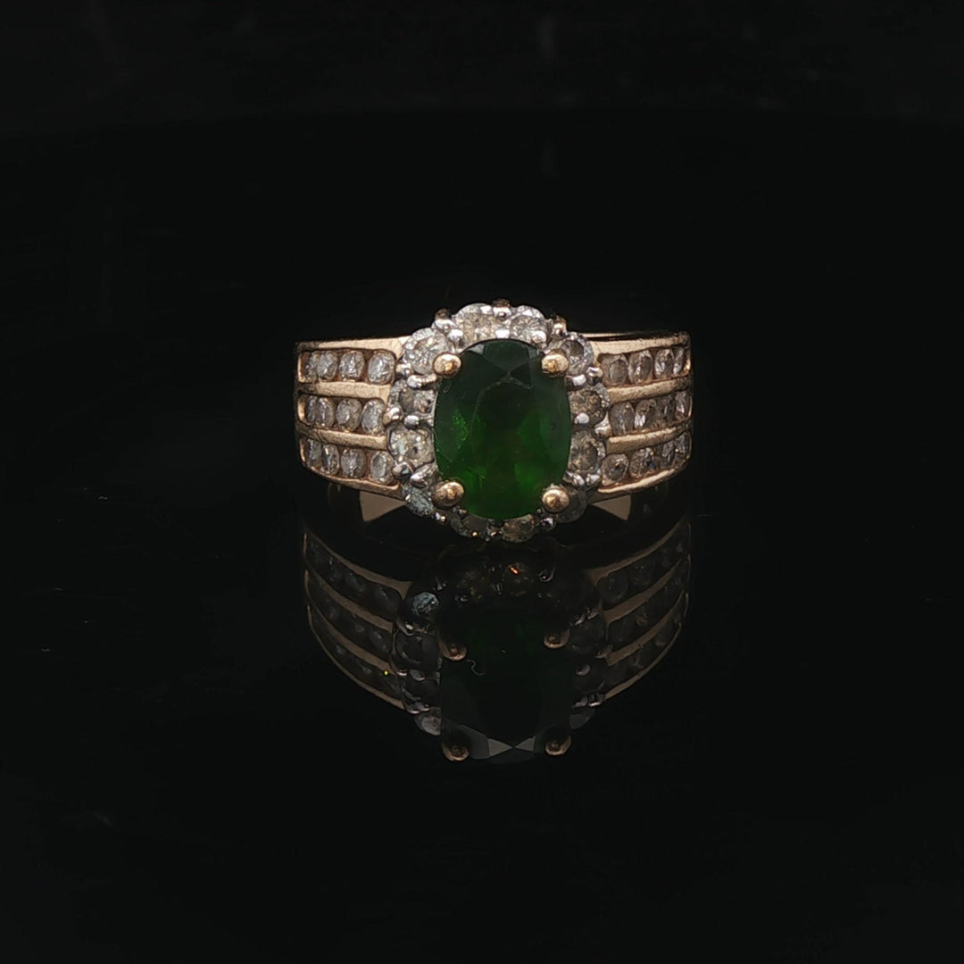 14k Yellow Gold Green Tourmaline and Diamond Vintage Halo Ring Size 6