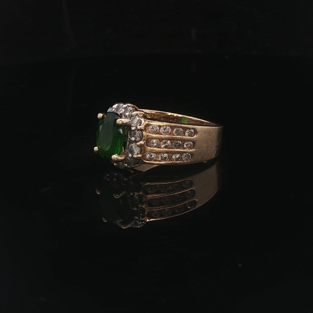 14k Yellow Gold Green Tourmaline and Diamond Vintage Halo Ring Size 6