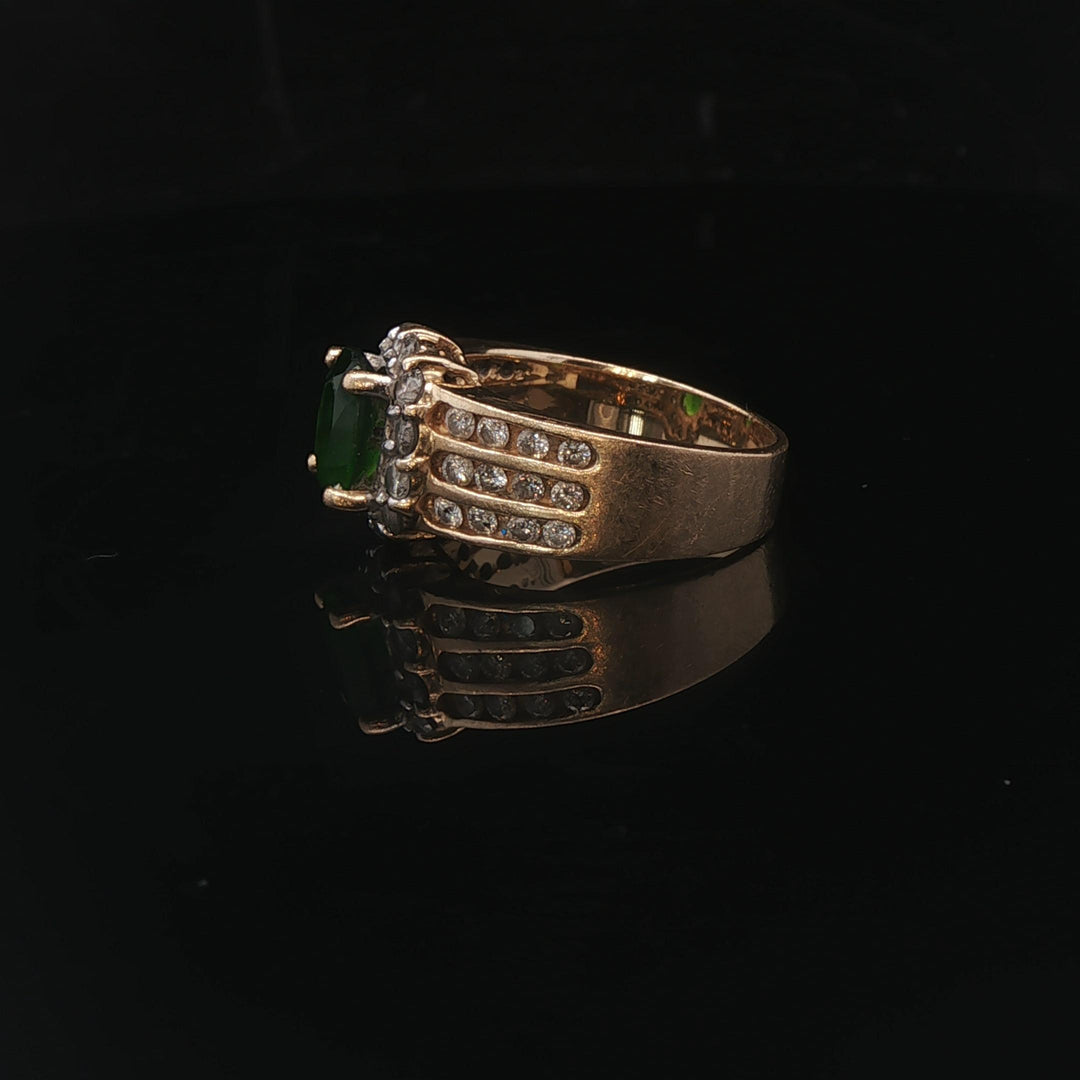 14k Yellow Gold Green Tourmaline and Diamond Vintage Halo Ring Size 6