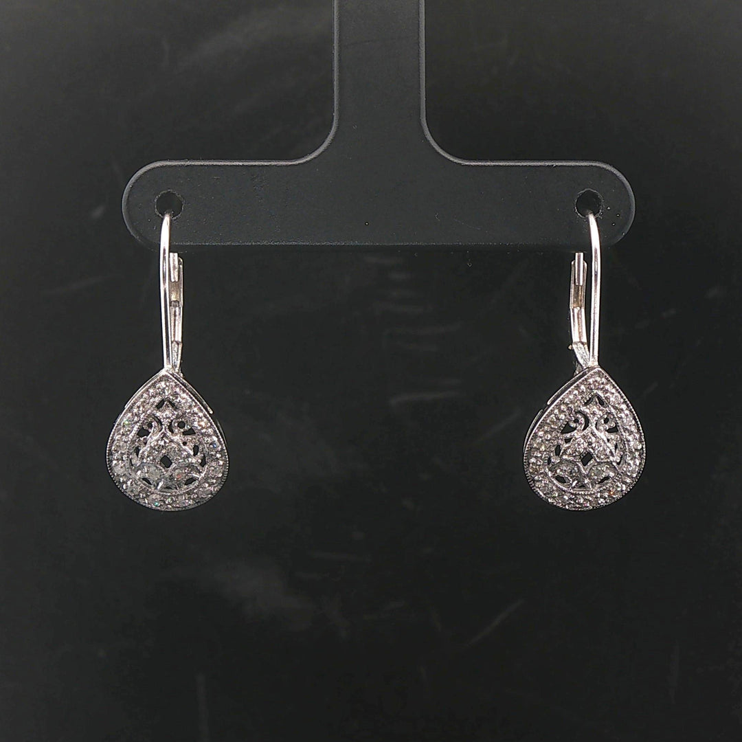 14k White Gold and 0.20cttw Diamond Vintage Filigree Tear Drop Earrings 1"