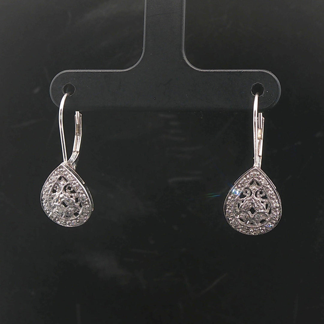 14k White Gold and 0.20cttw Diamond Vintage Filigree Tear Drop Earrings 1"