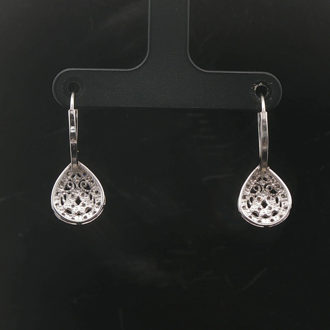 14k White Gold and 0.20cttw Diamond Vintage Filigree Tear Drop Earrings 1"