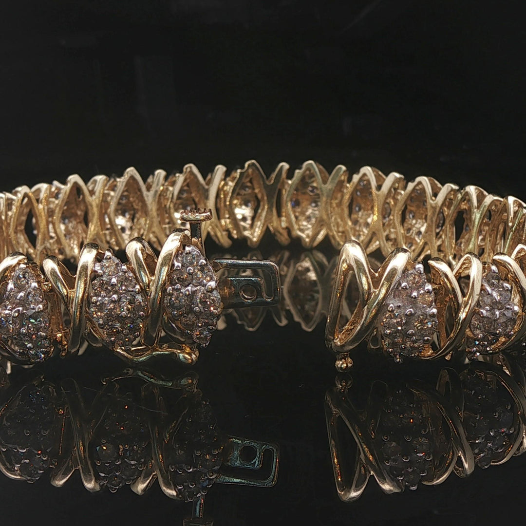 14k Yellow Gold and 2.5cttw Diamond Cluster 25.7g Fancy X Link Bracelet 7"