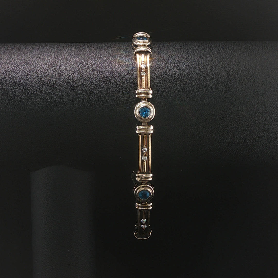 14k Yellow and White Gold Topaz and Diamond Vintage Solid 18.6g Link Bracelet 8"