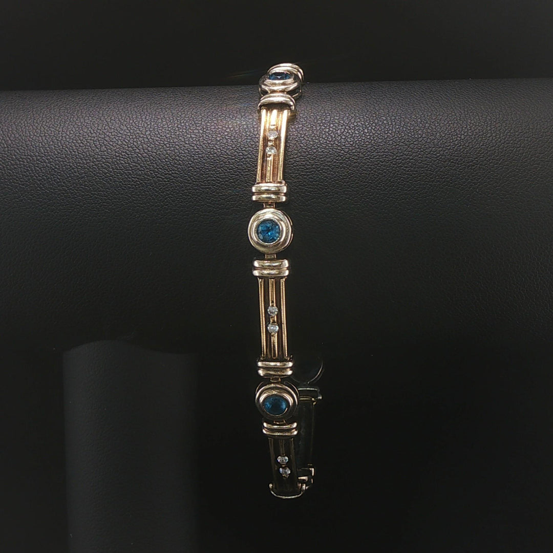 14k Yellow and White Gold Topaz and Diamond Vintage Solid 18.6g Link Bracelet 8"