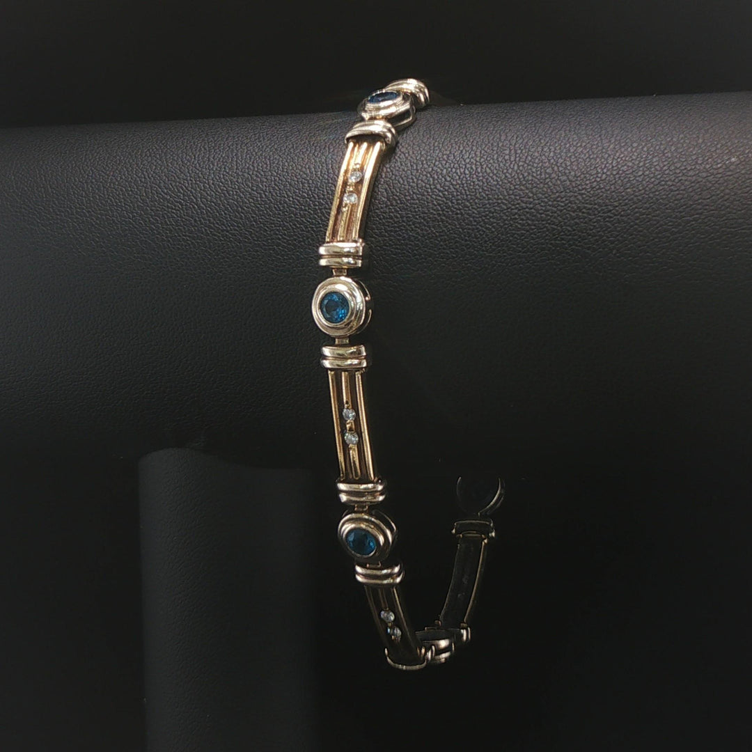 14k Yellow and White Gold Topaz and Diamond Vintage Solid 18.6g Link Bracelet 8"