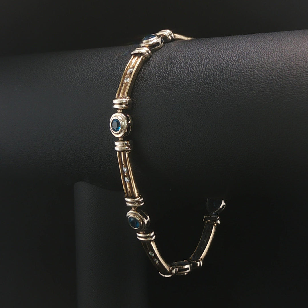 14k Yellow and White Gold Topaz and Diamond Vintage Solid 18.6g Link Bracelet 8"