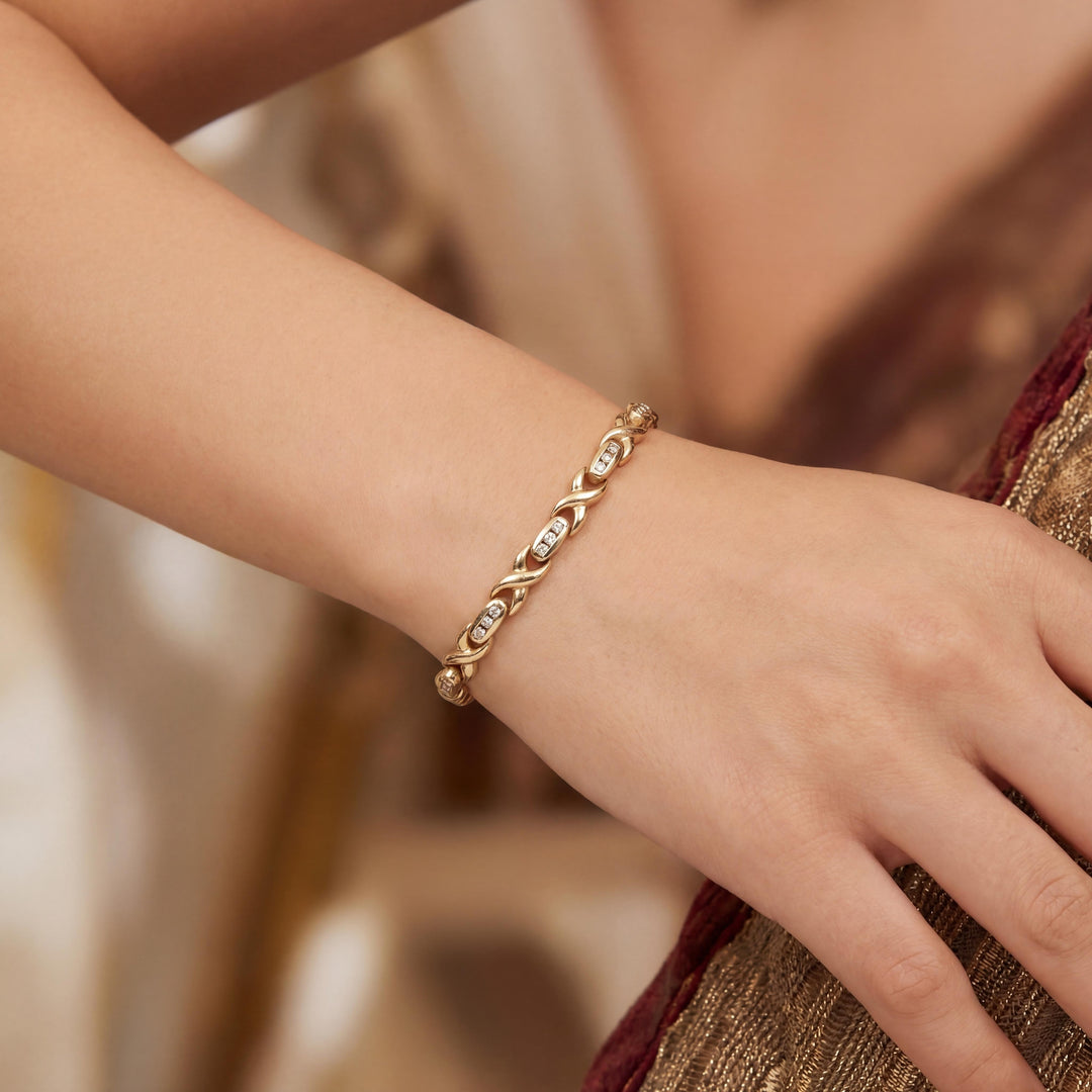 14k Yellow Gold 15.5g Solid 1.25cttw Diamond Vintage X Link Bracelet 7.25"