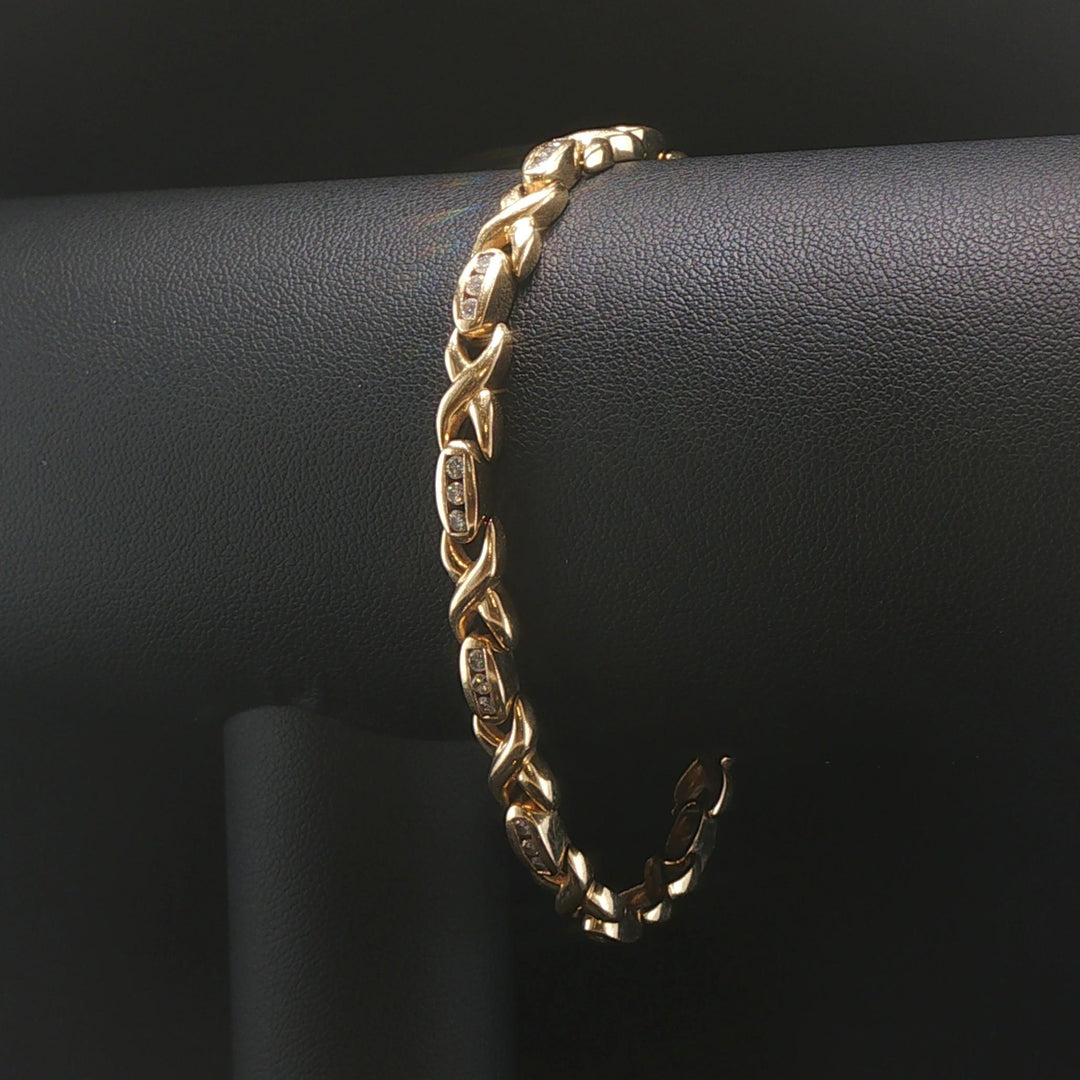 14k Yellow Gold 15.5g Solid 1.25cttw Diamond Vintage X Link Bracelet 7.25"
