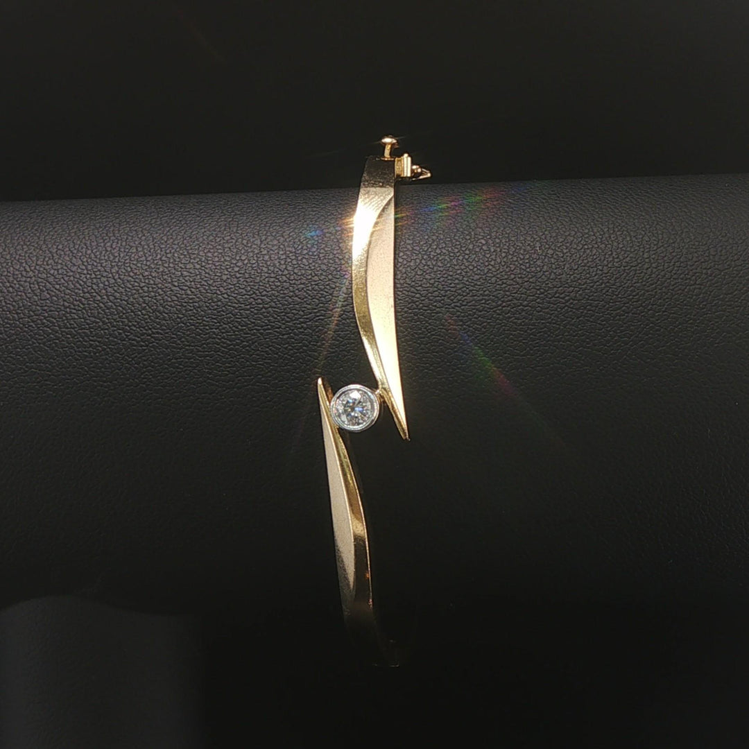 14k Yellow Gold and 0.15ct Bezel Set Diamond Bypass Bangle Bracelet 6.75"