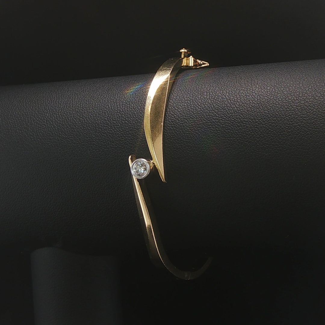 14k Yellow Gold and 0.15ct Bezel Set Diamond Bypass Bangle Bracelet 6.75"