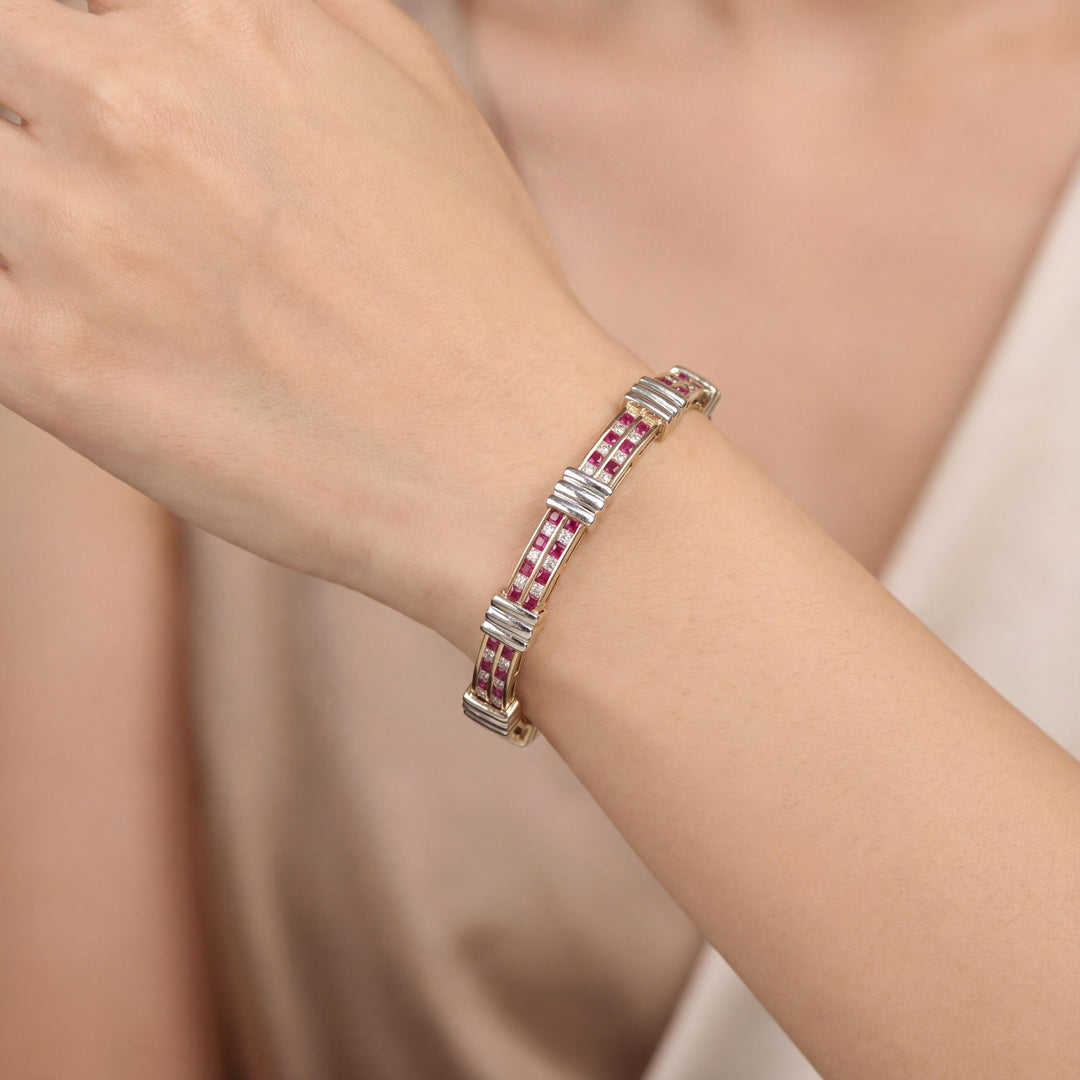 14k Yellow and White Gold Ruby and 2cttw Diamond Solid 18g Bar Link Bracelet 7"