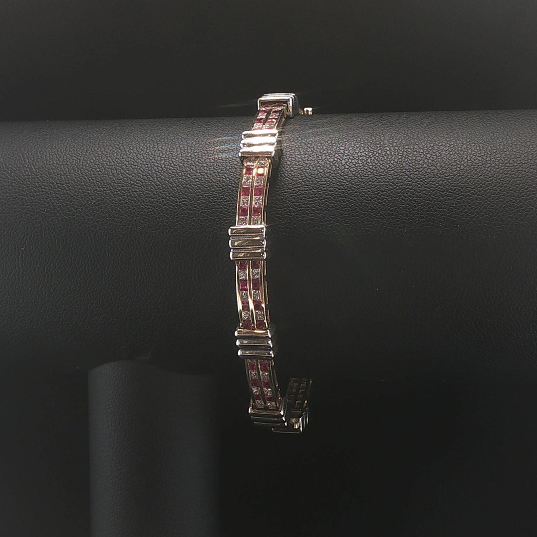 14k Yellow and White Gold Ruby and 2cttw Diamond Solid 18g Bar Link Bracelet 7"