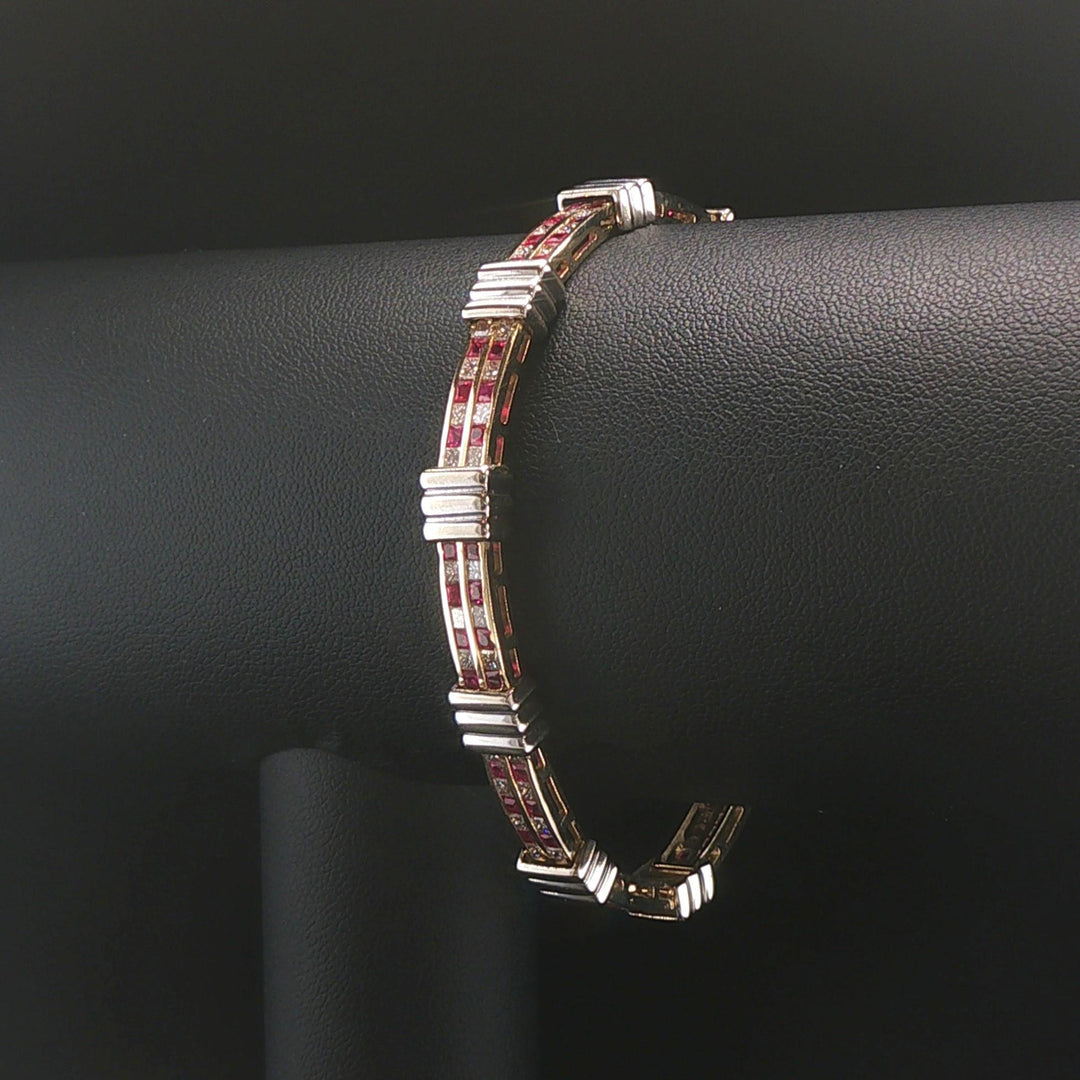 14k Yellow and White Gold Ruby and 2cttw Diamond Solid 18g Bar Link Bracelet 7"