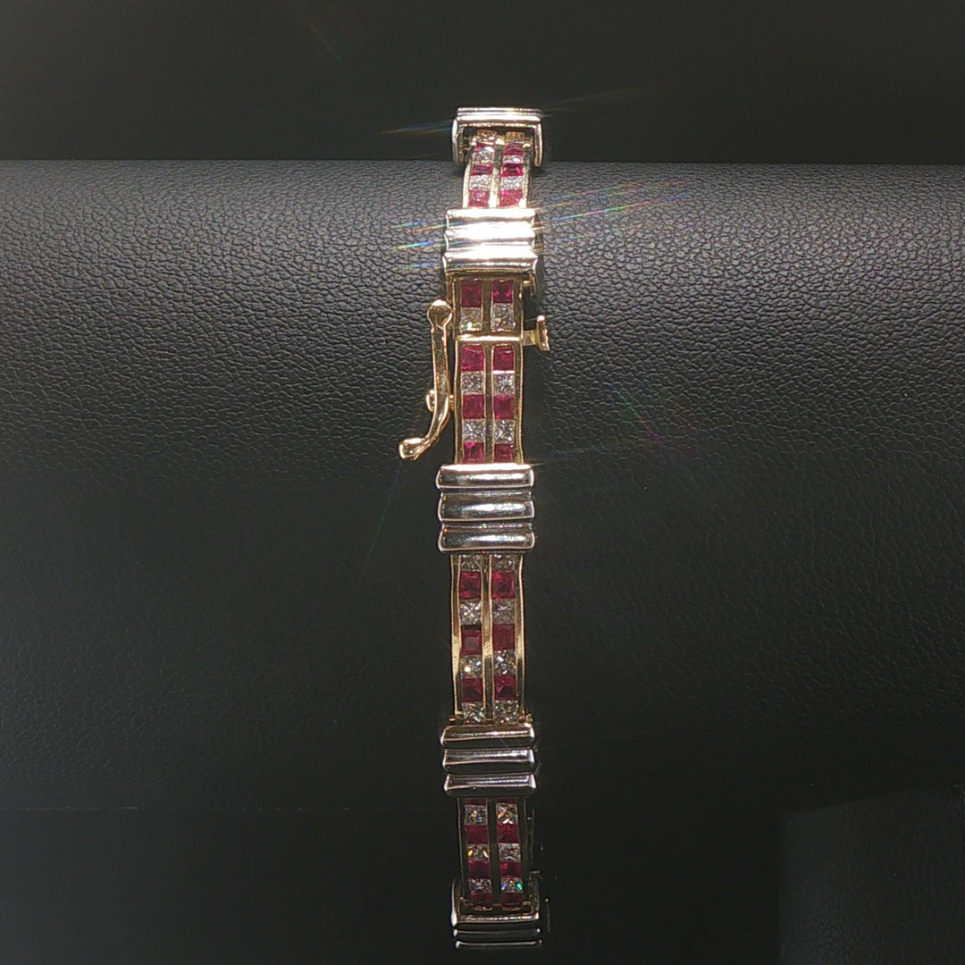 14k Yellow and White Gold Ruby and 2cttw Diamond Solid 18g Bar Link Bracelet 7"