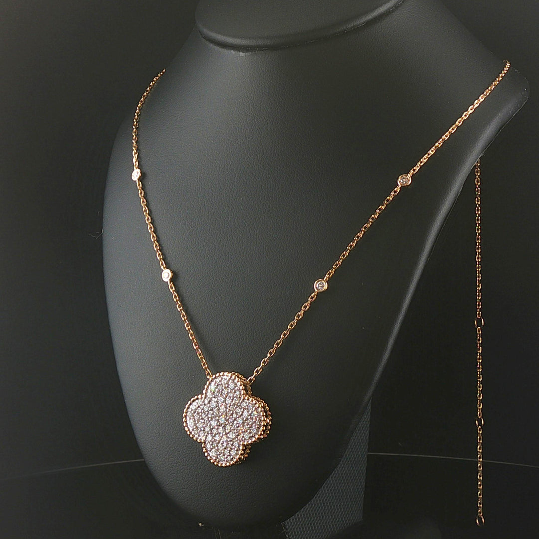 14k Yellow Gold and 1.29cttw Pave Diamond Clover Pendant Necklace 16"-18"