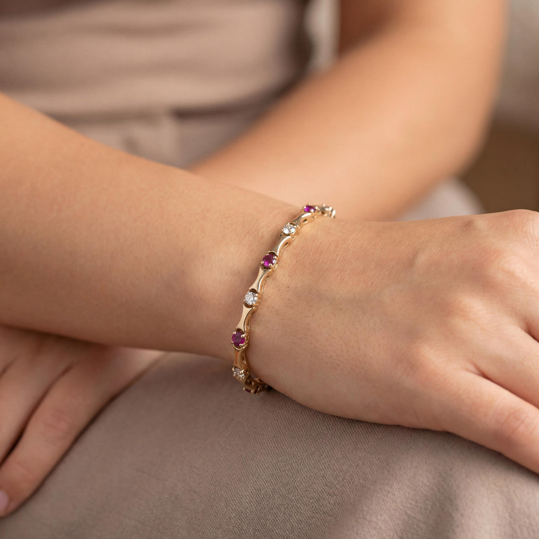 14k Yellow Gold Amethyst and 1.2cttw Diamond Bar Link Bracelet 7"