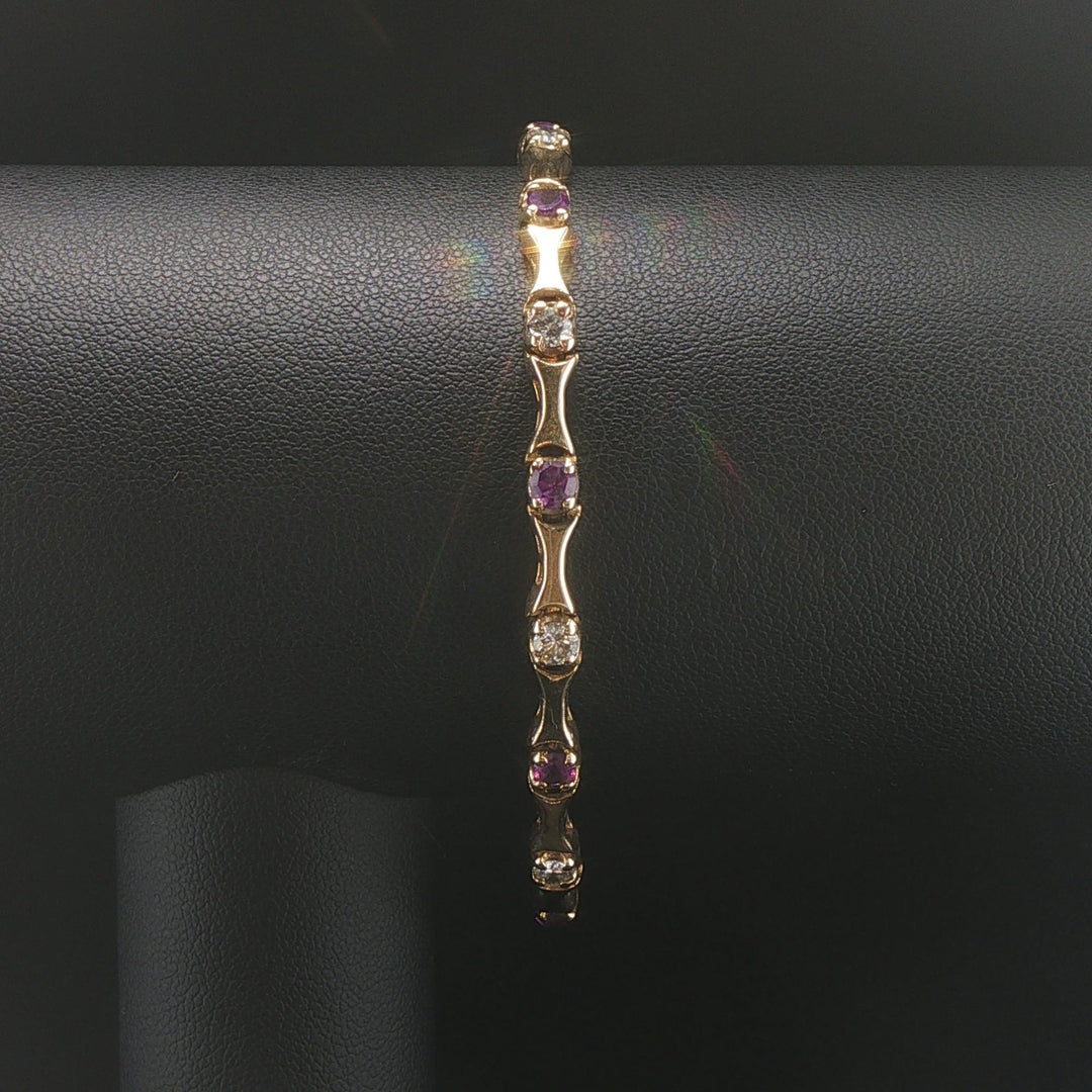 14k Yellow Gold Amethyst and 1.2cttw Diamond Bar Link Bracelet 7"