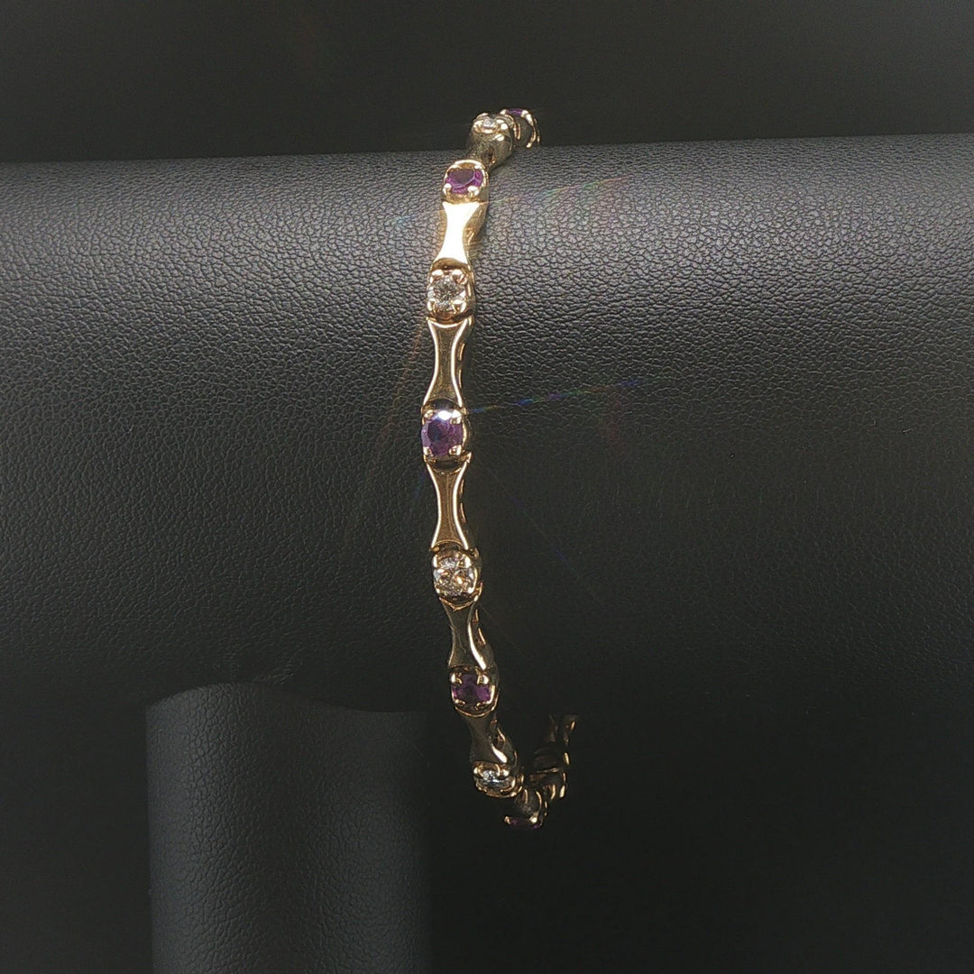 14k Yellow Gold Amethyst and 1.2cttw Diamond Bar Link Bracelet 7"