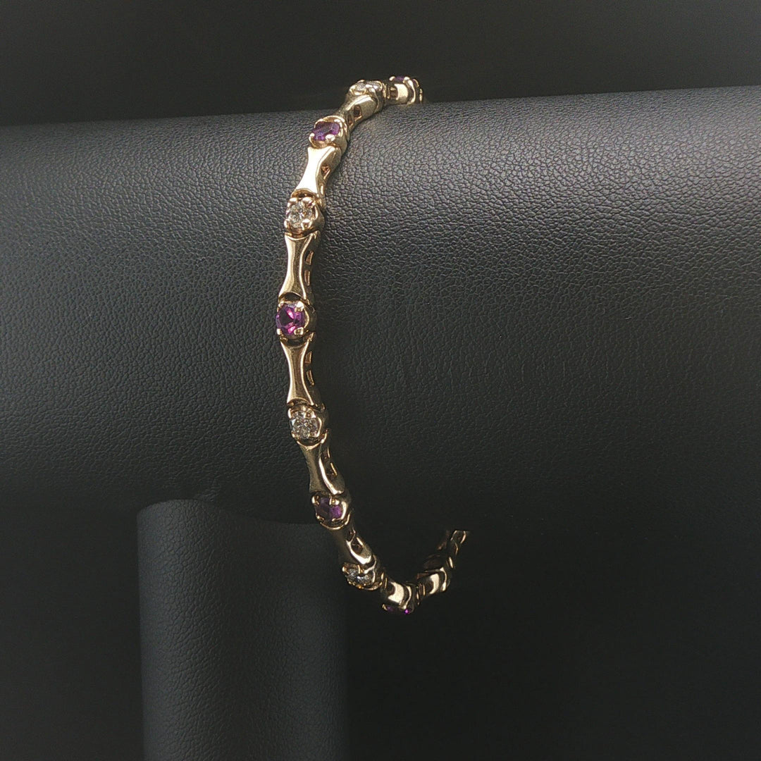 14k Yellow Gold Amethyst and 1.2cttw Diamond Bar Link Bracelet 7"