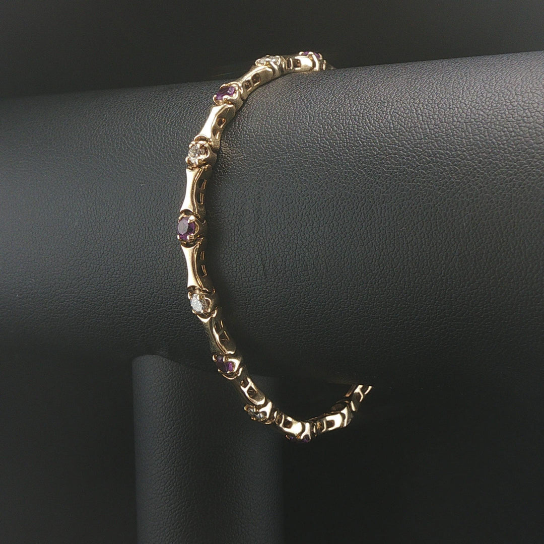 14k Yellow Gold Amethyst and 1.2cttw Diamond Bar Link Bracelet 7"