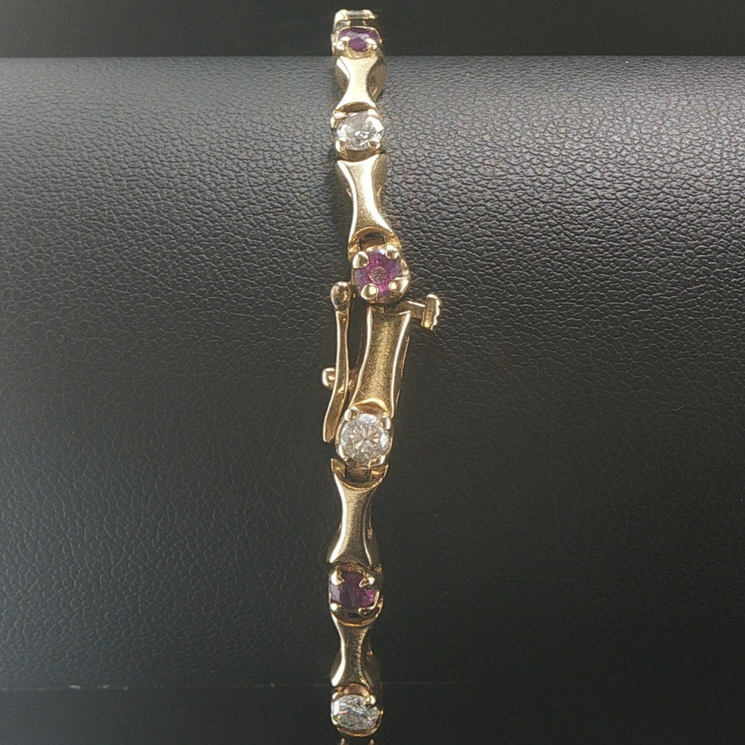 14k Yellow Gold Amethyst and 1.2cttw Diamond Bar Link Bracelet 7"