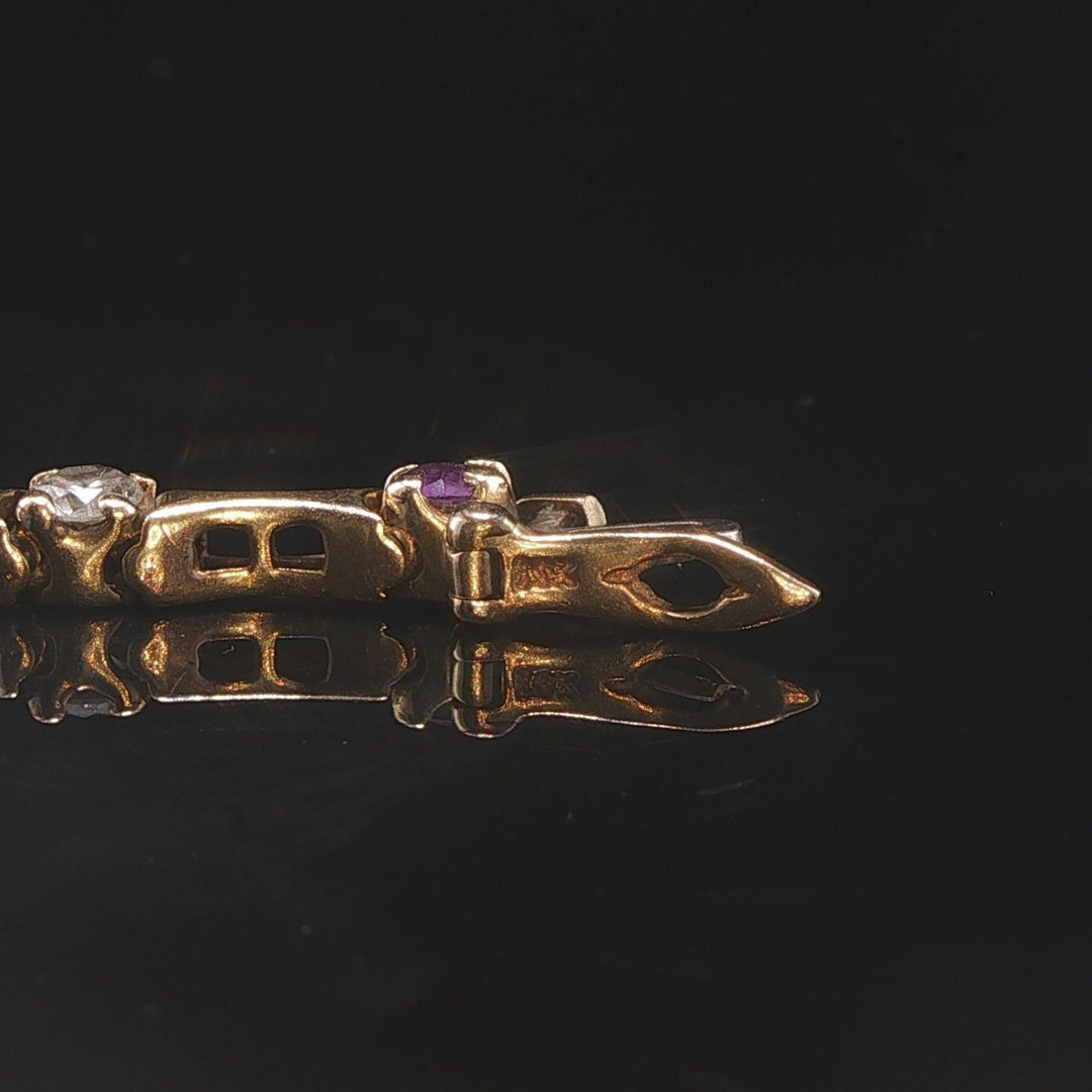 14k Yellow Gold Amethyst and 1.2cttw Diamond Bar Link Bracelet 7"