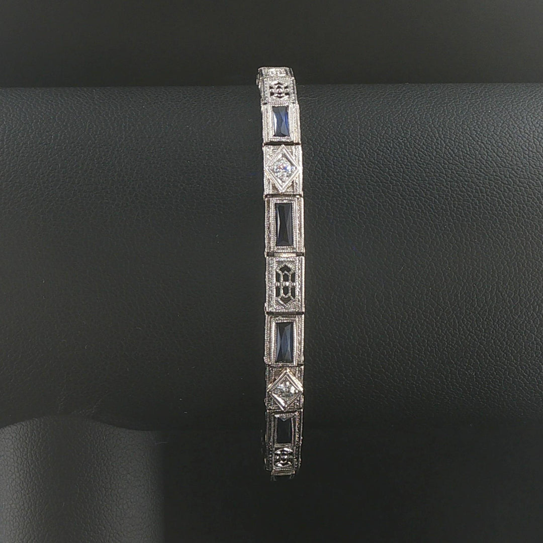 14k White Gold Sapphire and Diamond Vintage Filigree Panel Link Bracelet 6.75"
