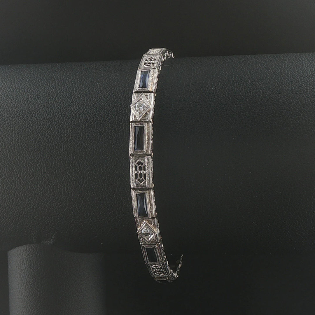 14k White Gold Sapphire and Diamond Vintage Filigree Panel Link Bracelet 6.75"
