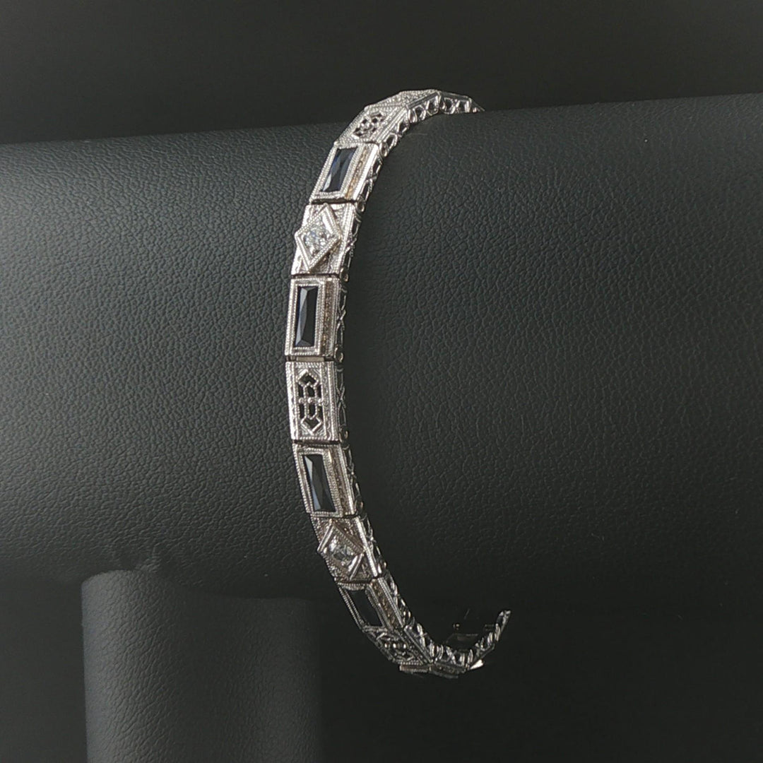 14k White Gold Sapphire and Diamond Vintage Filigree Panel Link Bracelet 6.75"